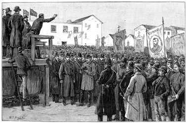 Rendőrség őrzi a kormány riporterét a kampánygyűlésen, Írország, 1887