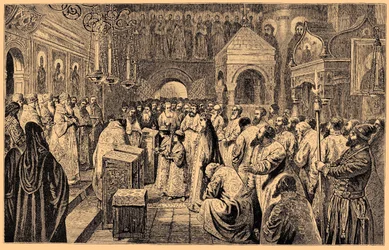 A két Romanov gyermek, V. Iván és I. Péter koronázása, 1682, 19. század