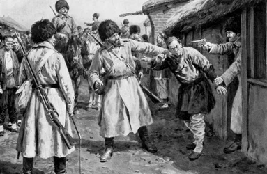 Kozákok japán kémeket keresnek egy mandzsúriai faluban, orosz-japán háború, 1904-5