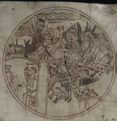 Démonok támadják Guthlacot Kézirat Szent Guthlac élete, 12. század eleje