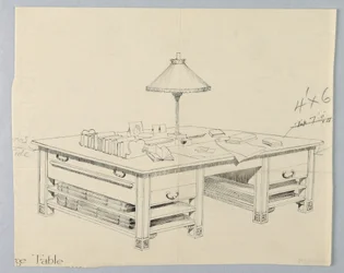 Tervezés hatalmas könyvtári tárolóasztalhoz, két nyitott polccal mindkét oldalon, 1900–05