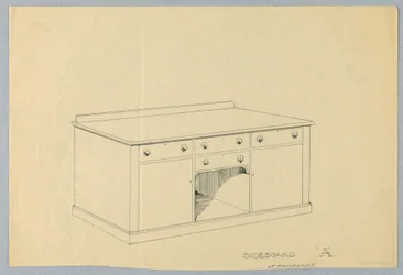 Tervezés mahagóni A tálalószekrényhez, 1900–05