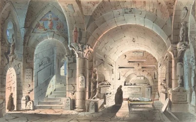 Színpadi díszlet tervezése: kriptajelenet, 1830-40.