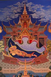 Részlet egy falfestményről a Buddhapadipa templom Uposatha-jában (szentélyterem), Wimbledon, Grande-Bretagne