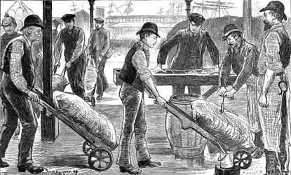 Dockerek cukrot kirakodva a West India Docksban, London, 1889