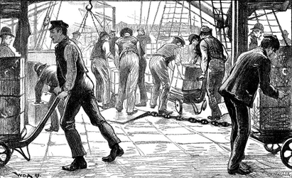 Dockerek teát raknak ki a London Docksban, 1889