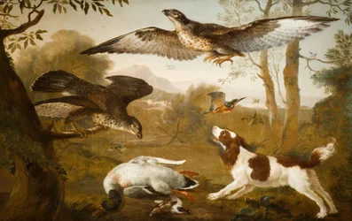 Döglött kacsát őrző kutya a ragadozó madaraktól, 1700-1800.