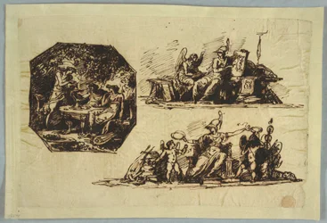 Rajz, Bacchus, Apollo és Mnemosine; Minerva trófeákkal