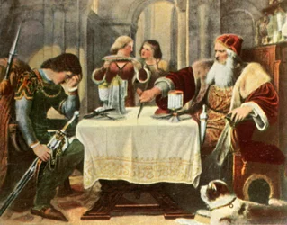 Eberhard félbevágja a terítőt maga és fia, Ulrich között, 1377, 1936.