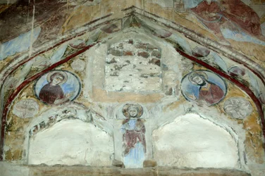 Szent Macaire templom. A Boldogságos Szűz és Keresztelő Szent János freskói Krisztusnál közbenjárnak az emberiségért. Saint Macaire of Scete kolostor vagy Deir Abu Magar vagy Deir Amba Makar, Egyiptom