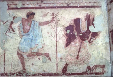 Etruszk, Triclinio sír, bankett jelenet, ie 470. Tarquinia, Olaszország.