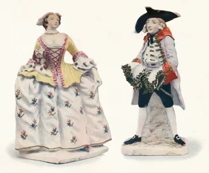 Kivételesen ritka, színekkel díszített masnis porcelán figurák, c1750