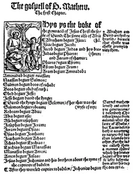 Szent Máté evangéliumának első oldala William Tyndale angol Újszövetségéből, 1525