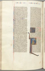 Fol. 440v, I. korinthusi levél, történeti kezdetű P, Pál térdre ereszkedve beszél a fenti Isten mellszobrával, kb.