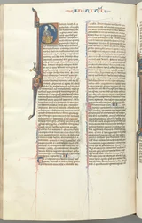 Fol. 458v, Titus, historikus kezdetű P, Pál karddal ülve, kb. 1275-1300.