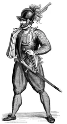 Harquebuszt hordozó gyalogos katona, 1590