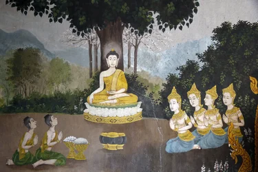 Buddha életének egy jelenetét ábrázoló freskó Wat Phra Doi Suthepben, Chiang Mai államban. Buddha alamizsnát kap. Thaiföld