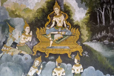 Buddha életének egy jelenetét ábrázoló freskó Wat Phra Doi Suthepben, Chiang Mai államban. Thaiföld