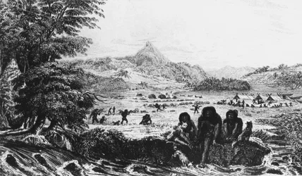 Fuegians Woollyában, a háttérben a Fitzroy expedíciós táborral, 1831 1839