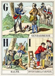 G H I: Csendőrség, Halte, Inventaire du gamenier – A vadászábécé, 1890 körül (metszet)