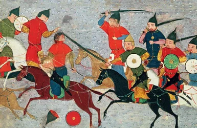 Dzsingisz kán harcban. Miniatűr Jami al-tawarikh egyetemes történetéből, 1430 körül