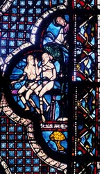 Isten szembeszáll Ádámmal és Évával, ólomüveg, Chartres-i katedrális, Franciaország, 1205-1215