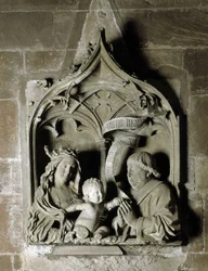 Gótikus művészet: Leideni Miklós kánoni kőszobrának sírfelirata. 1463 Notre Dame-székesegyház, Strasbourg (Bas-Rhin)