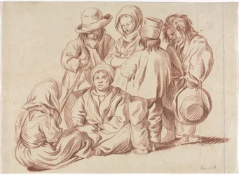 Hat gyermek csoportja recto, Vázlat egy faluról, 1700-as évek.