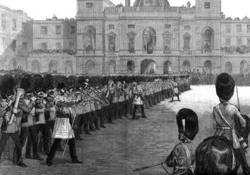 Őfelsége születésnapján, 1875-ben, a St James Parkban a színeket felvonultató őrök