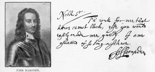 John Hampden kézírása és aláírása egy levélből, amelyet Sir John Eliotnak írt a börtönben, március 21.