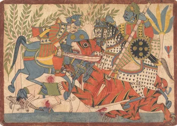 Harishchandra és minisztere egy tigris fólió megölése egy Harishchandra sorozatból, 1800-1850.