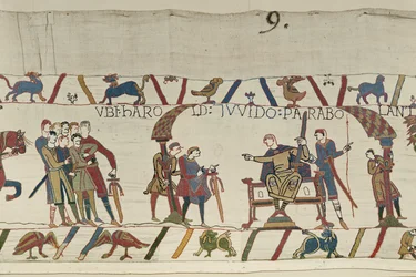 Harold és Ponthieu-i Guy gróf együtt beszélgetnek a Beaurainben, Bayeux Gobelin (gyapjú hímzés vászonra)