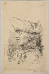 Tricorne-t viselő profilú férfi feje, 18. század.