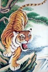 Hoi Tuong Te Nguoi Hoa buddista kínai templom. Tigris festmény. Phu Quoc. Vietnam.