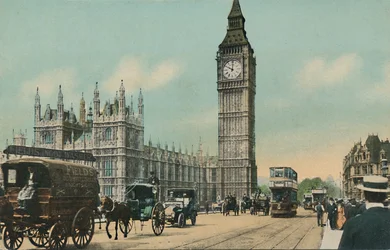 Parlament és Westminster Bridge, London, 1900-as évek.