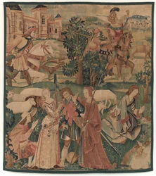 Vadászat és pásztorjelenetek, nevető férfival a hölgyek között, c. 1510.