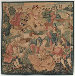 Vadász- és pásztorjelenetek, koszorús hőssel a hölgyek között, c. 1510.