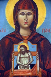 Ikon a Pedoulas Bizánci Múzeumban : Szent Paraskevi keresztrefeszítés ikonjával (1789), 20150510, Pedoulas, Ciprus