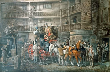 Fogadó udvar indulni készülő postakocsival, c1840