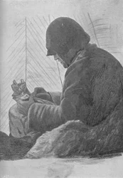 Johansen a hálózsákban ül a kunyhóban, c1893-1896, 1897