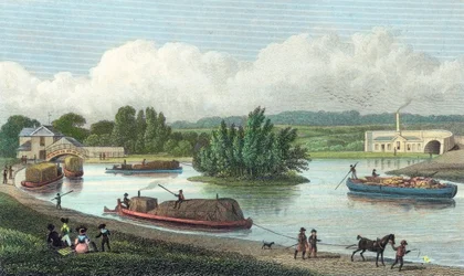 A Regents-csatorna csomópontja a Paddington-medencében, London, 1828