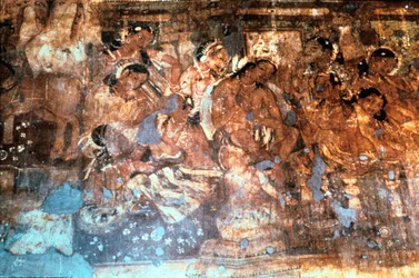 Mahajanaka király Vivali királynőt hallgat, Ajanta barlangfreskó, India, Kr. u. 1-5. század