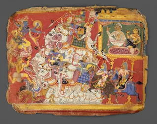 Krishna harcol a démon Naraka seregeivel: Oldal egy Bhagavata Purana kéziratból, kb. 1540.