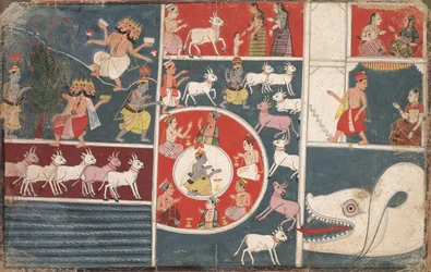 Krishna fuvolázik és más epizódok a Bhagavata Puránából, c. 1650.
