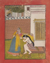Krishna kémkedett Radha után, kb. 1780-90.