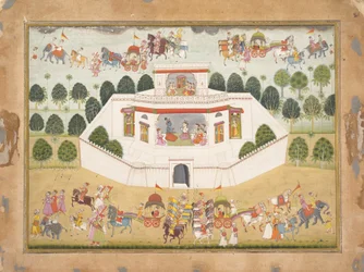 Krisna és Balarama egy fallal körülvett palotában: Oldal egy szétszórt Bhagavata Puránából..., kb. 1700.