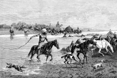 Kirgiz átkelés egy folyón, Kirgizisztán, 1895