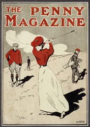 Hölgy golfozó lendít a „The Penny Magazine” címlapján, c1900