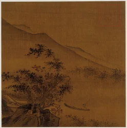 Táj: domboldalak, sziklák, fák, ház és csónak, Ming-dinasztia, 1368-1644.
