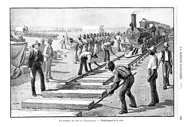 Talpfák és sínek fektetése a Transvaal Railway-n, Dél-Afrika, 1893